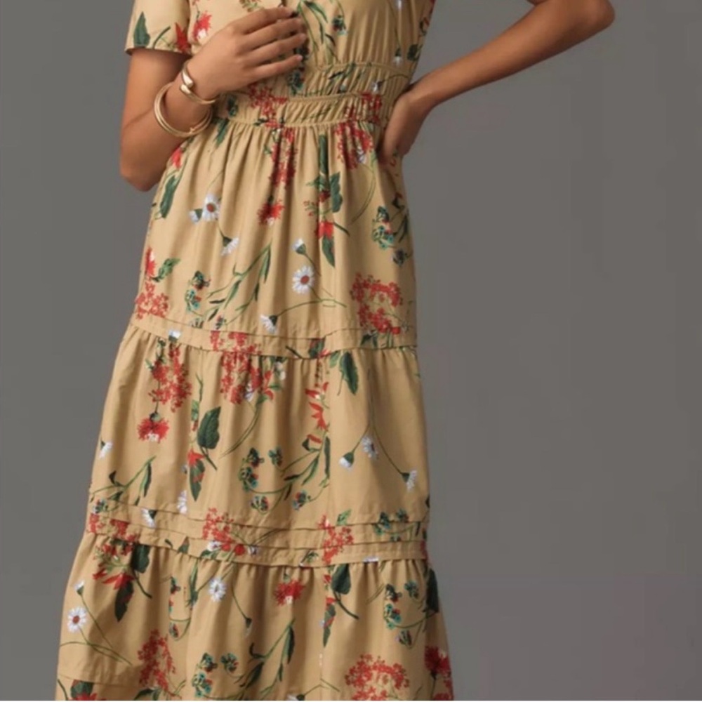 Anthropologie Somerset Maxi Dress Tan Khaki Red Floral. Size Medium. NWOT. - Picture 2 of 9